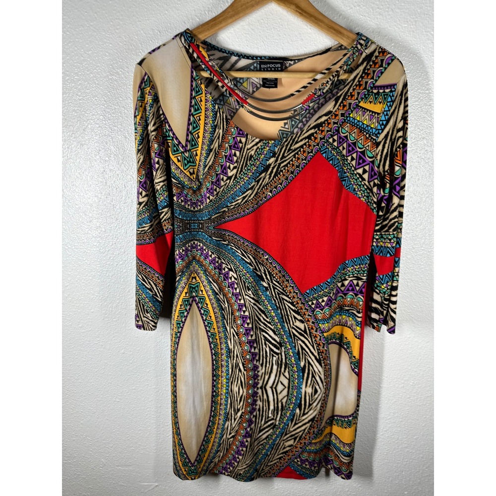 En Focus Studio Dress Womens 6 Multicolor Sheath Tribal Print Cage Neck 1170E